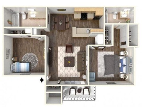Floor plan for 2 beds, 2 baths, 1000 sqft